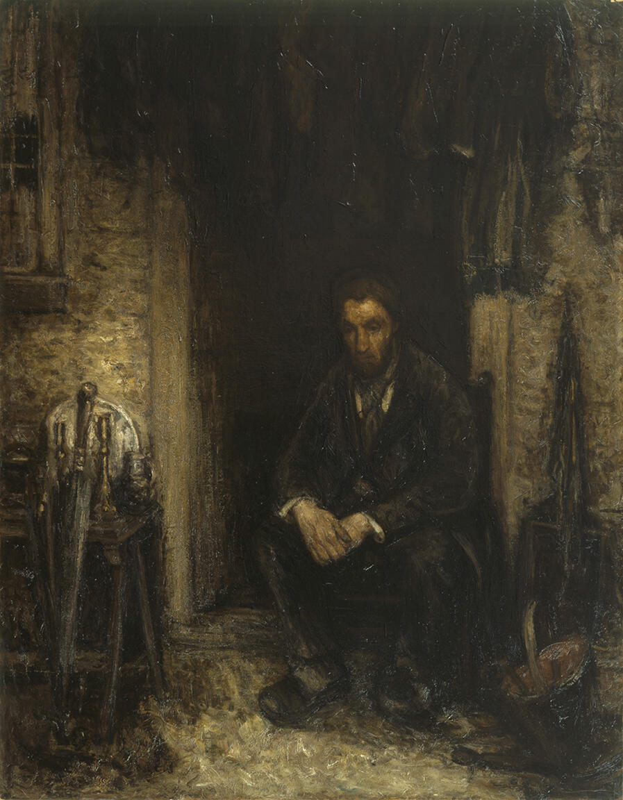 Portrait painting of figure seated in doorway next to several umbrellas.
