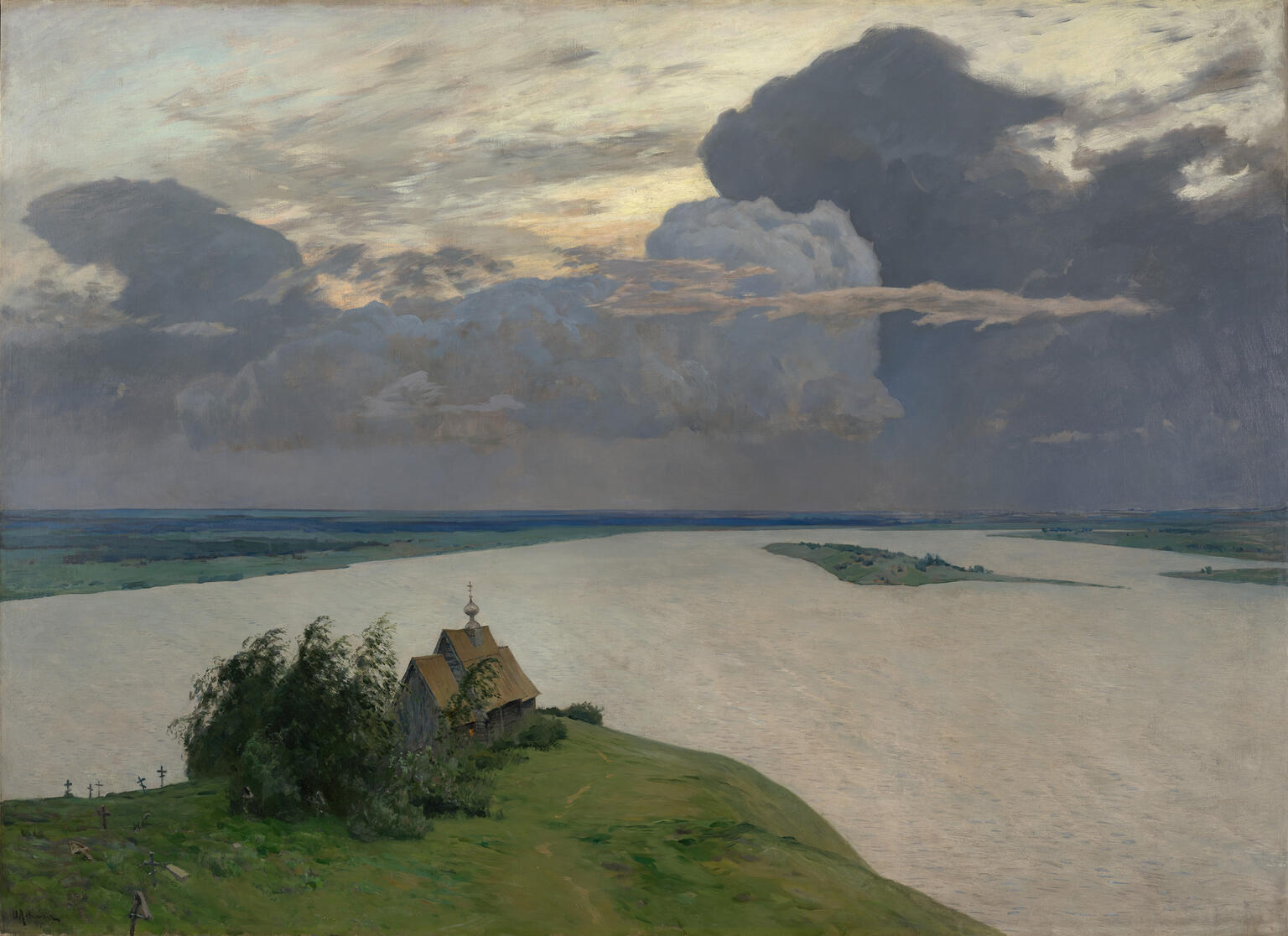Landscape painting of house overlooking water.