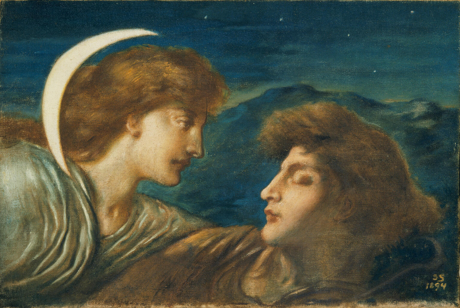 Painting of two faces close together, one of whom has a crescent moon above their head.