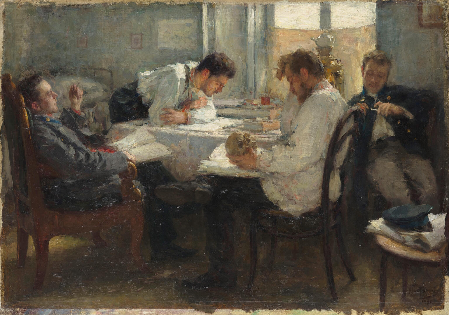 Painting of four men sitting around a table holding books, a skull, and other implements.