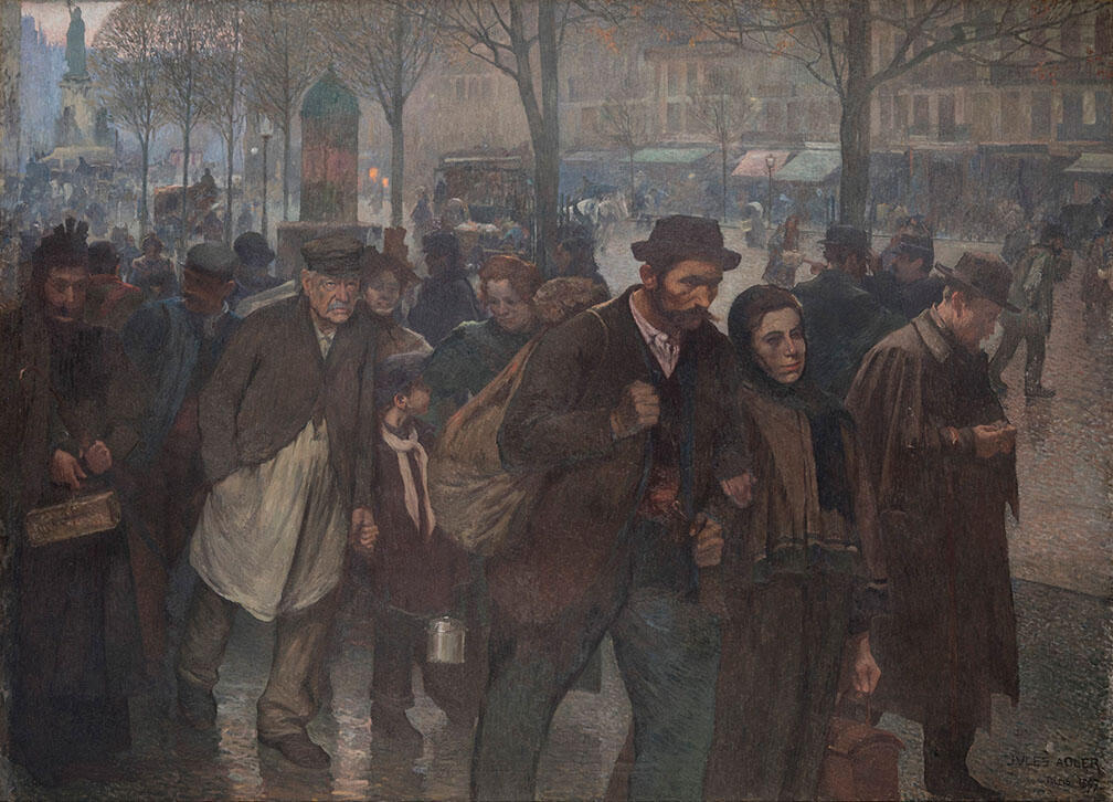 Painting of men and women wearily walking through the street.