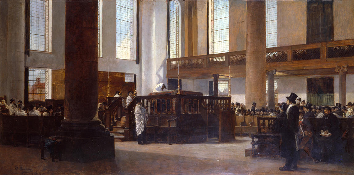 Painting of large interior space, with several men sitting on benches and standing around central platform in prayer shawls. Painting of large interior space, with several men sitting on benches and standing around central platform in prayer shawls.