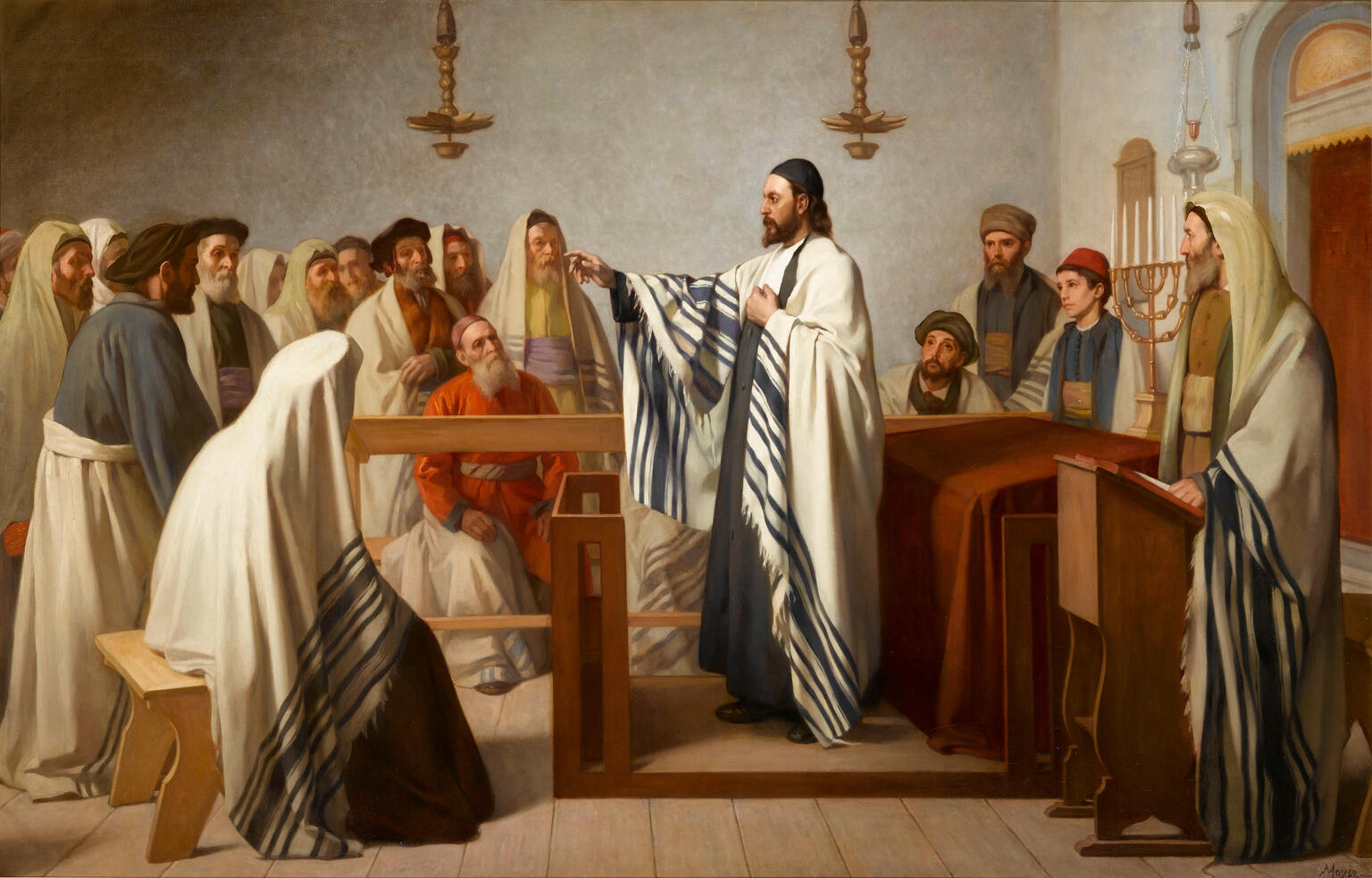 Painting of many figures in prayer shawls and beards sitting and standing in room with benches and podiums. Painting of many figures in prayer shawls and beards sitting and standing in room with benches and podiums.