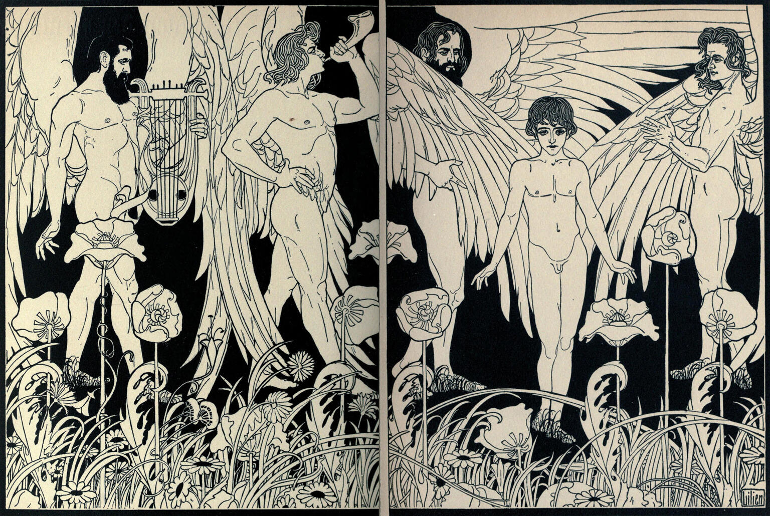 Illustration of angels among flowers with shofar and biblical lyre.