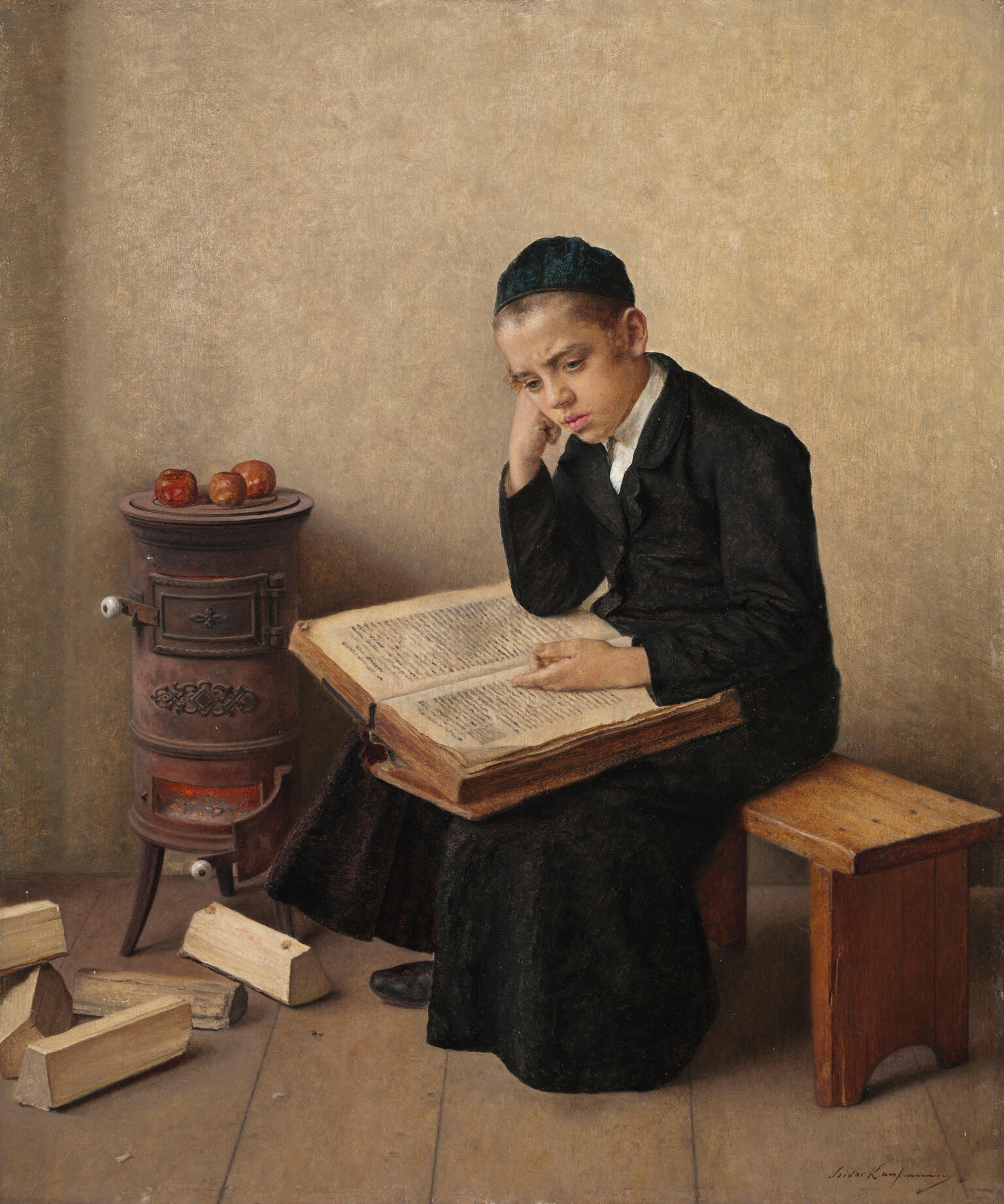 Painting of boy seated next to a stove studying a book.