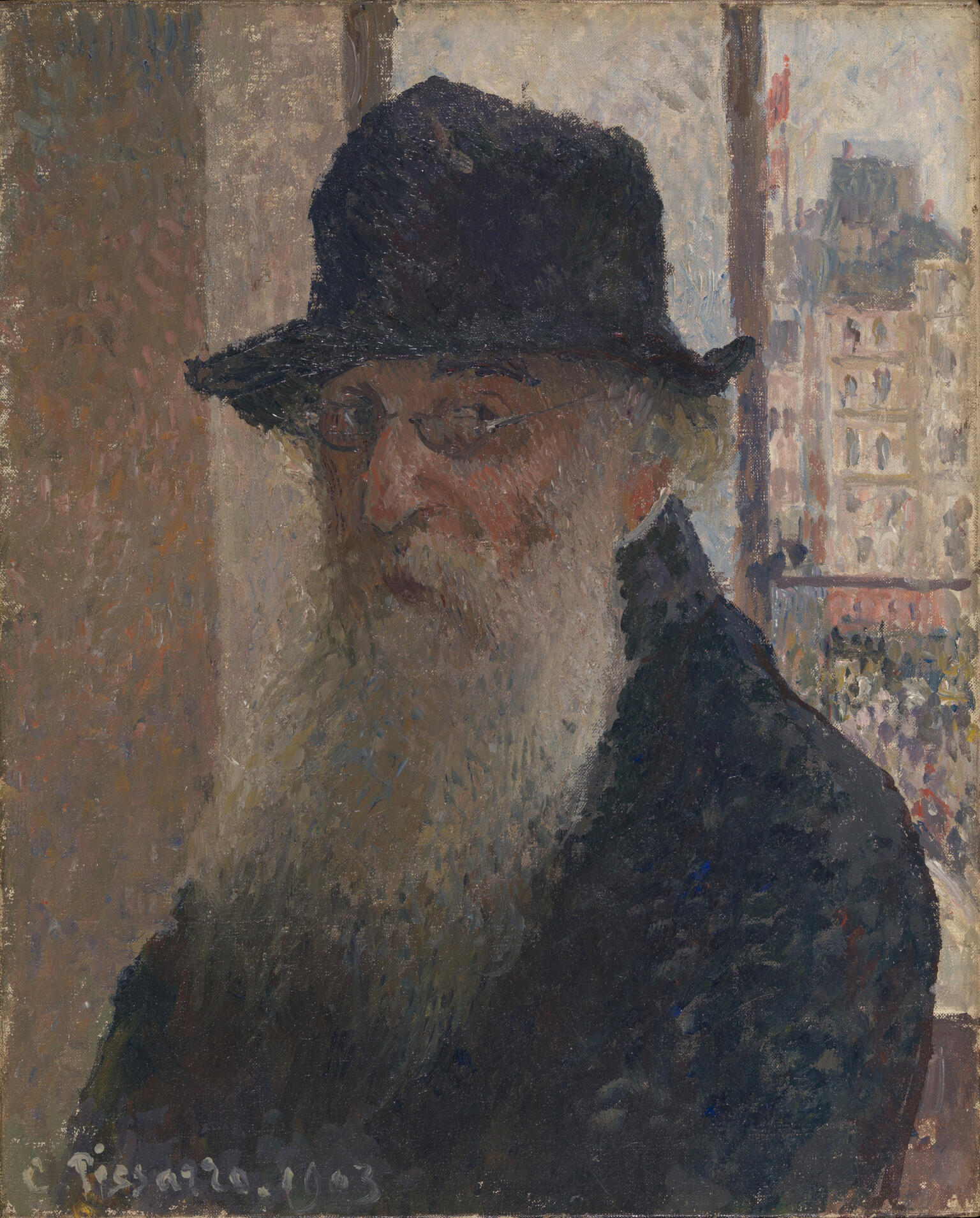 Portrait painting of bearded man in hat and glasses, and cityscape visible through window behind him.