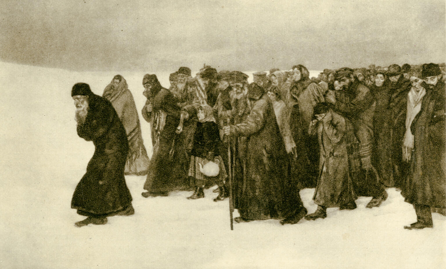 Painting of figures in coats, scarves, and hats walking in a crowd.