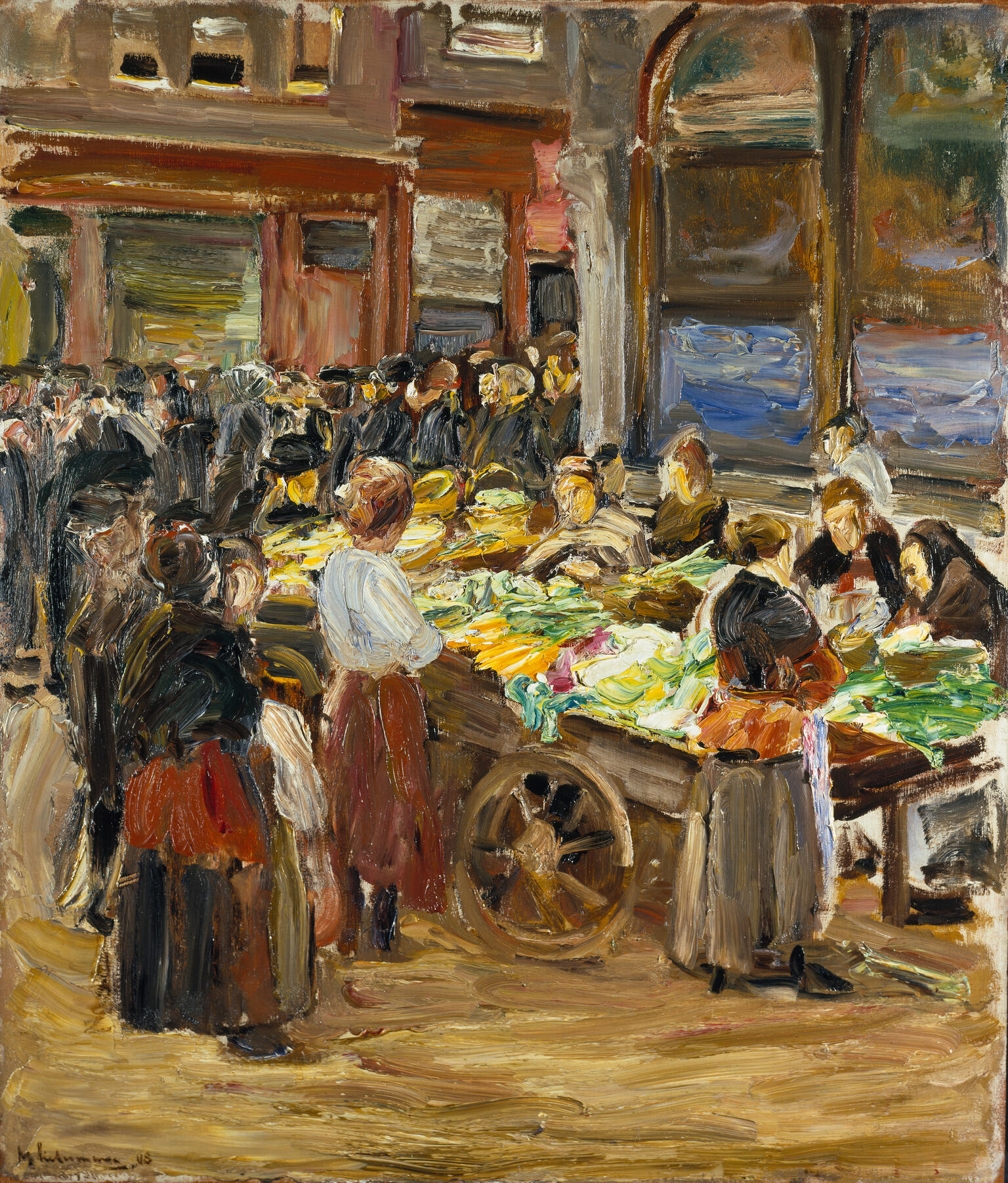 Painting of people on a city street.