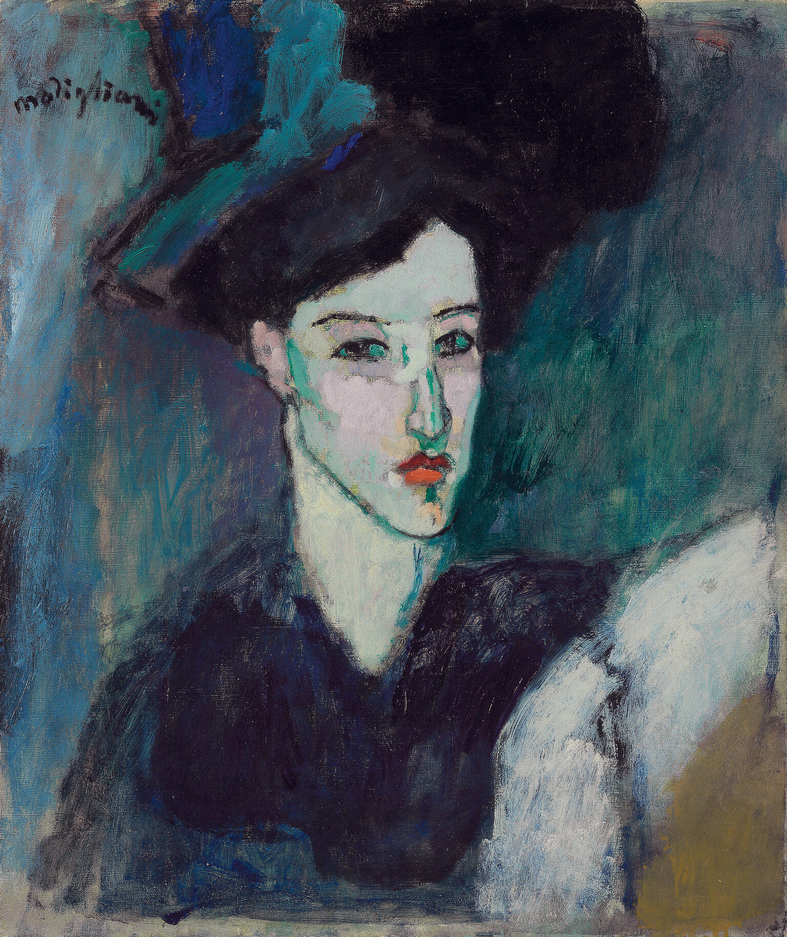 Painting of figure facing viewer and wearing large hat.