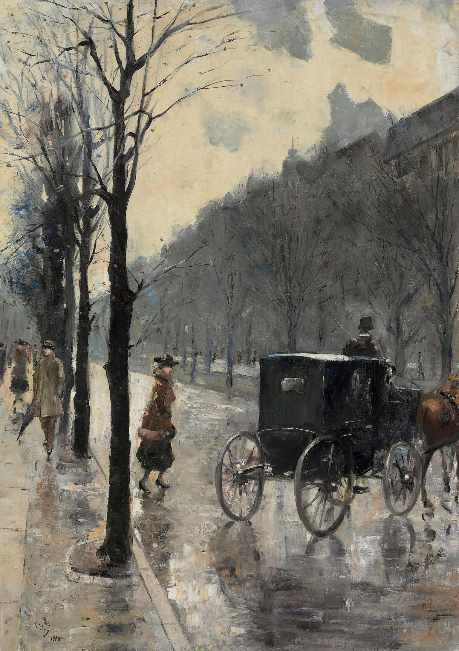 Painting of city street, with woman crossing street and wagon and horse in center.