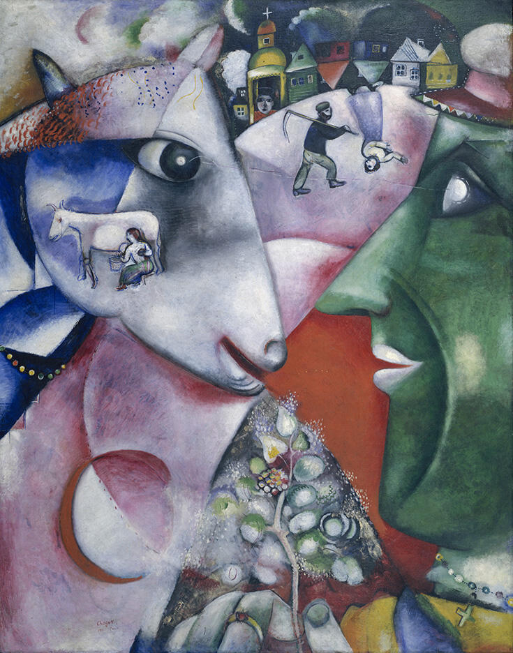 Painting of sheep head and human head in profile facing each other, overlaid with overlapping smaller animals, human figures, houses, tools, and trees. Painting of sheep head and human head in profile facing each other, overlaid with overlapping smaller animals, human figures, houses, tools, and trees.