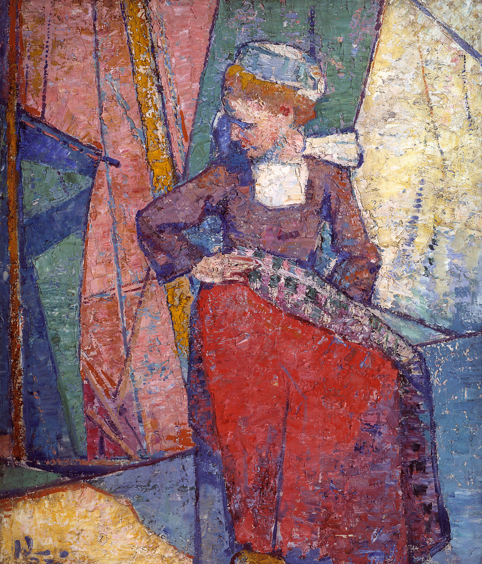 Painting of woman in dress and cap on background of geometric shapes.