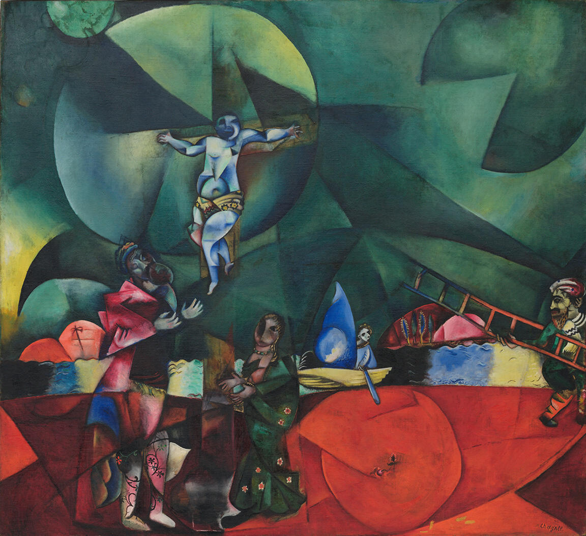 Painting of man on cross surrounded by geometric shapes and two figures in foreground. Painting of man on cross surrounded by geometric shapes and two figures in foreground.