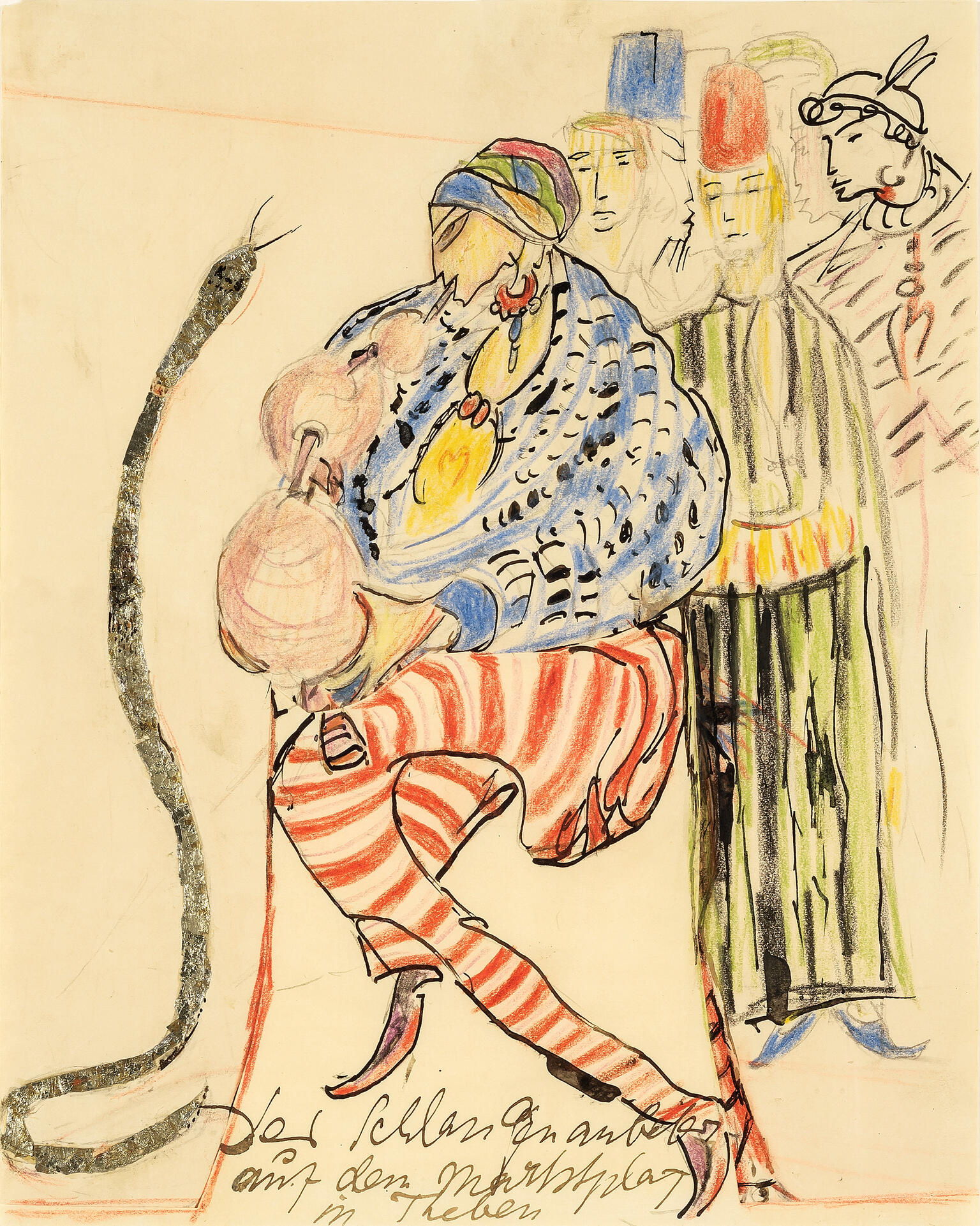 Abstract illustration of figure charming a snake while three figures observe in the background. Abstract illustration of figure charming a snake while three figures observe in the background.