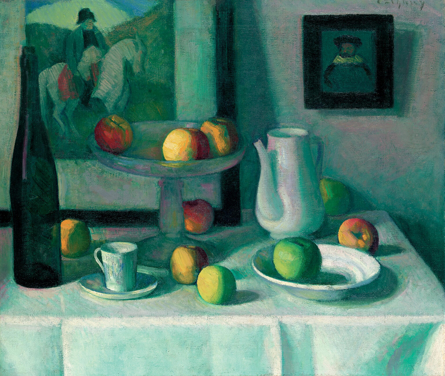 Painting of table with plates, fruit, and bottle with small painting of man on horse in the background. Painting of table with plates, fruit, and bottle with small painting of man on horse in the background.