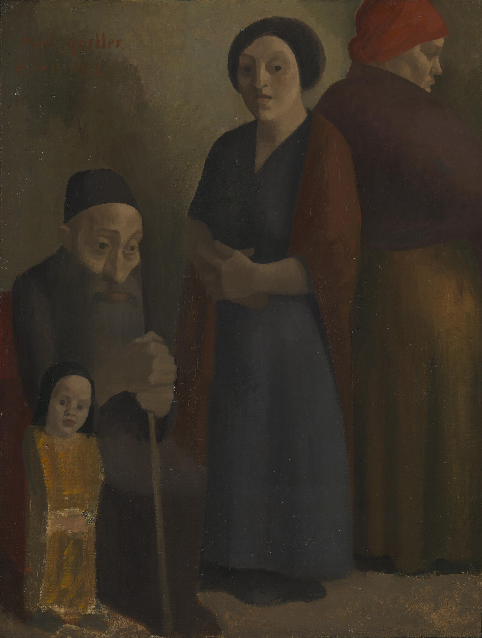 Painting of child standing and woman in headcovering standing on either side of a man in head covering sitting with cane.