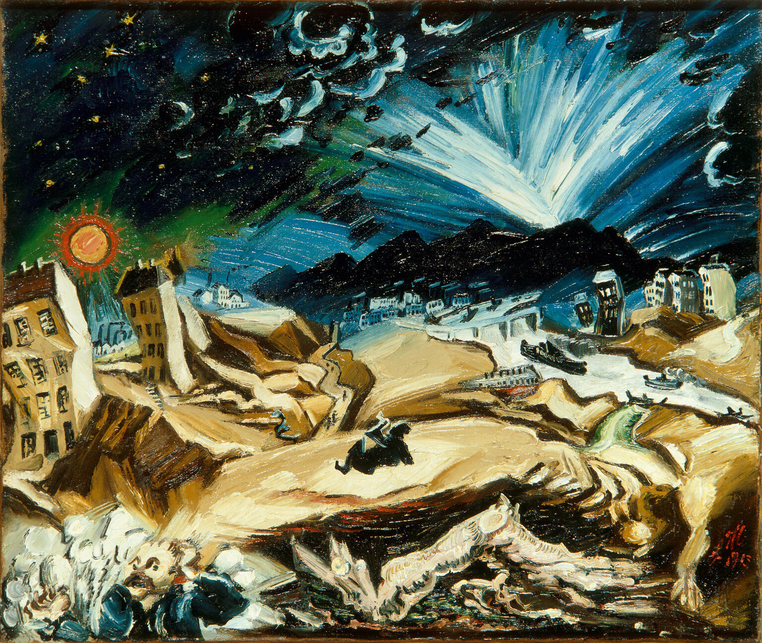 Painting of sagging buildings, uneven ground, and an explosion in the background.