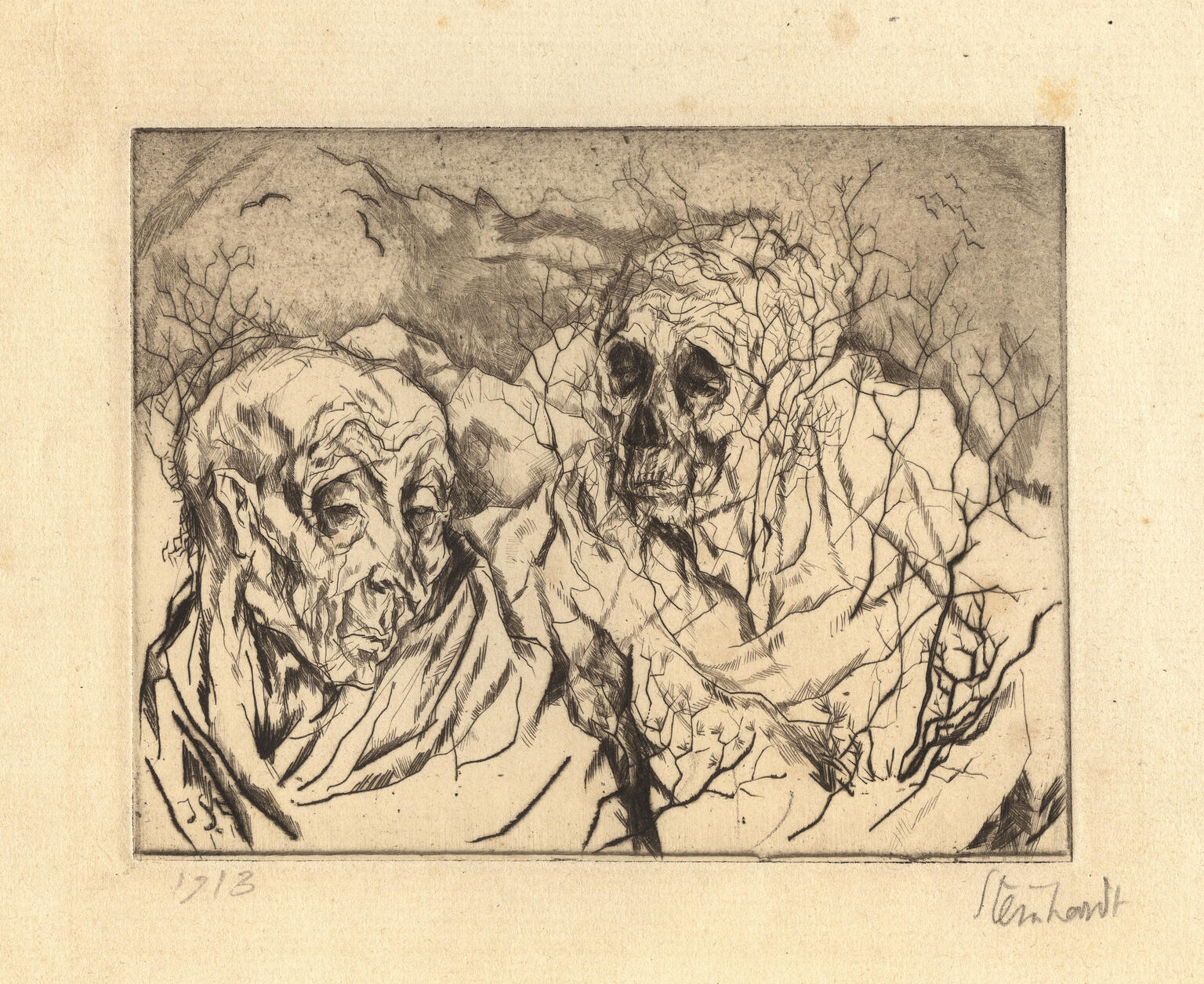 Drawing of two skeletal faces.