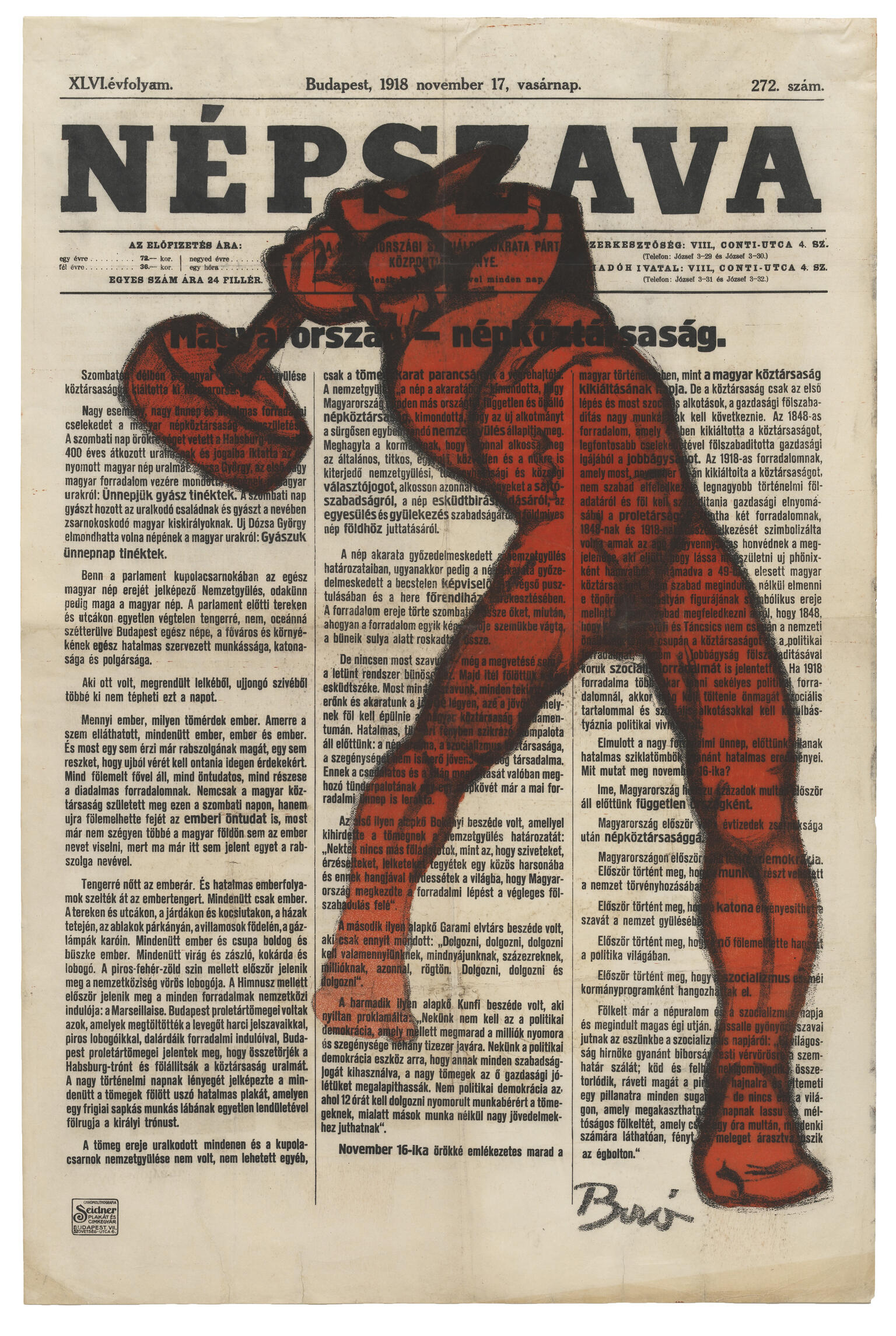 Page from Hungarian newspaper with text overlaid by image of strong man wielding a hammer.