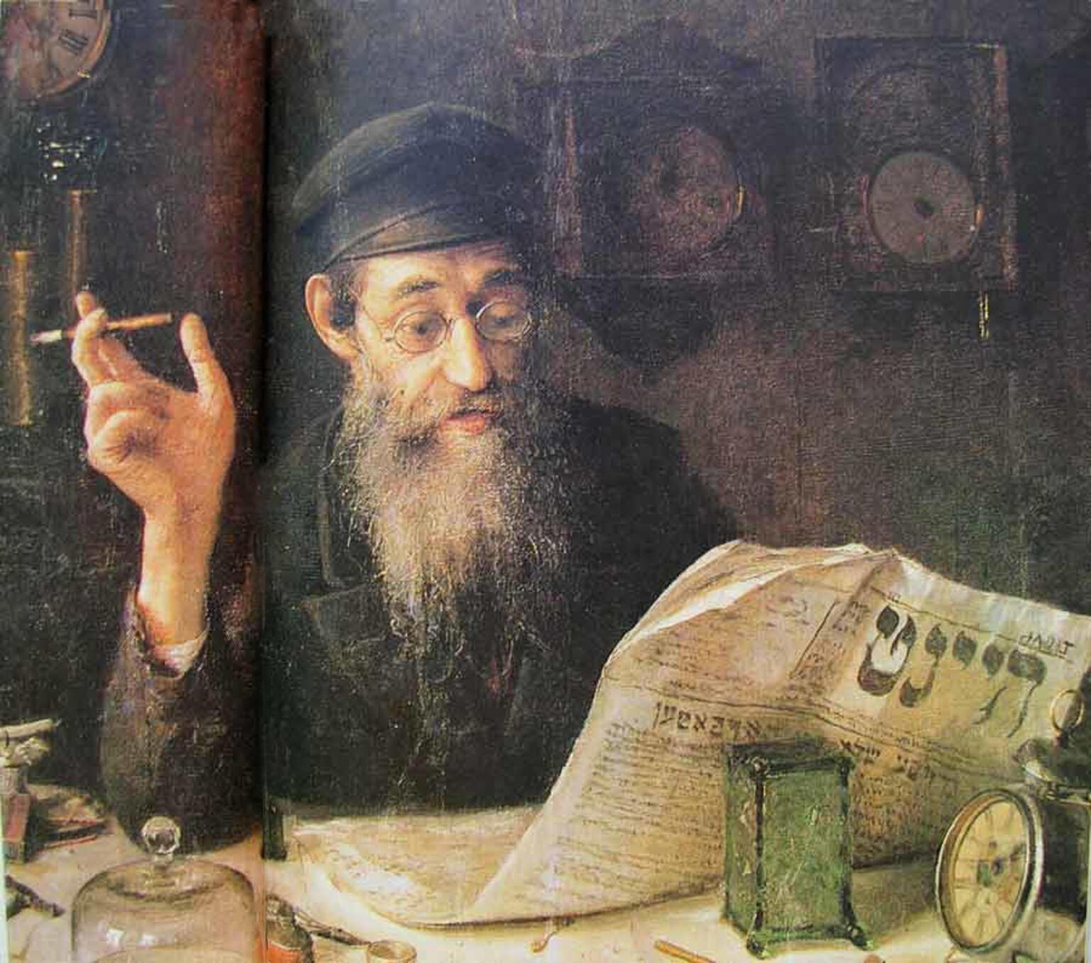 Painting of bearded man in glasses and hat seated at table with cigarette in one hand and Yiddish newspaper in the other.