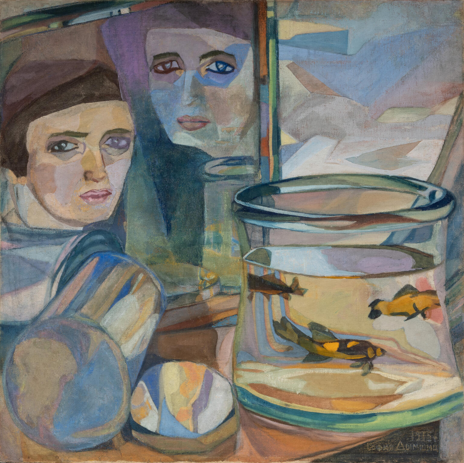 Abstract painting of figure peering into a small fish tank. Abstract painting of figure peering into a small fish tank.