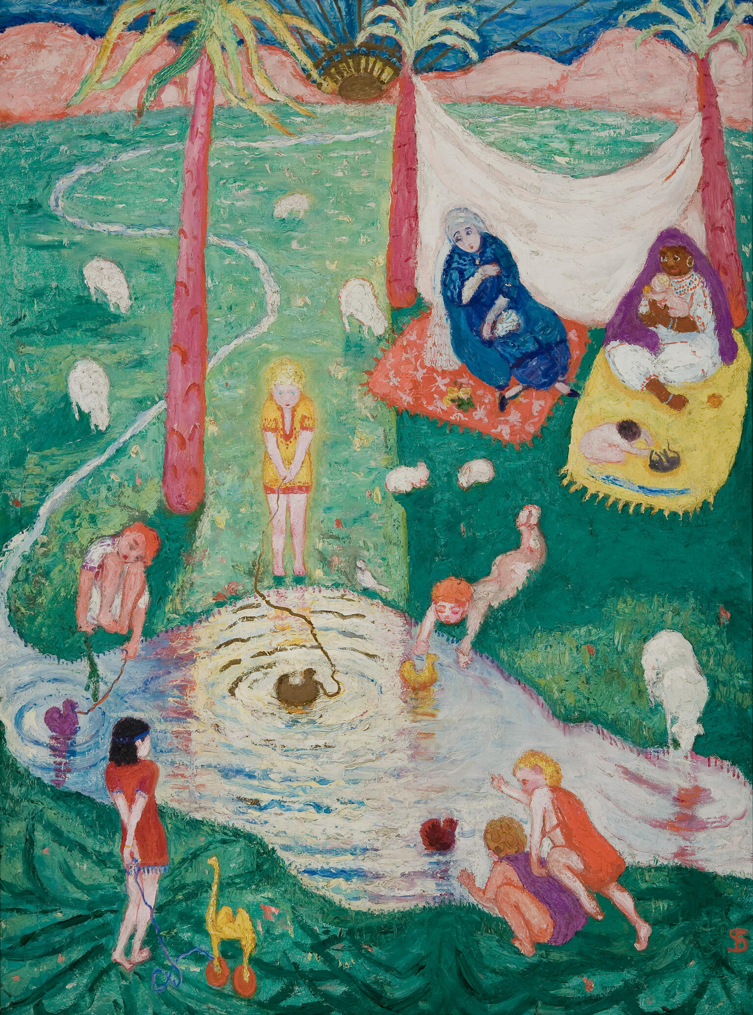 Painting of several people and animals dotted around landscape of ponds, trees, and hills. Painting of several people and animals dotted around landscape of ponds, trees, and hills.