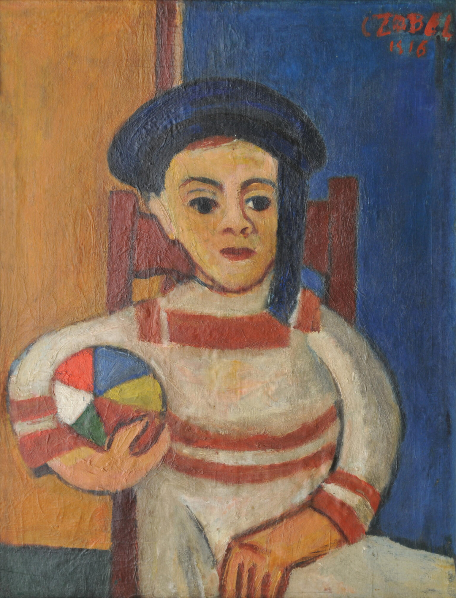 Painting of boy with hat seated and holding a ball.