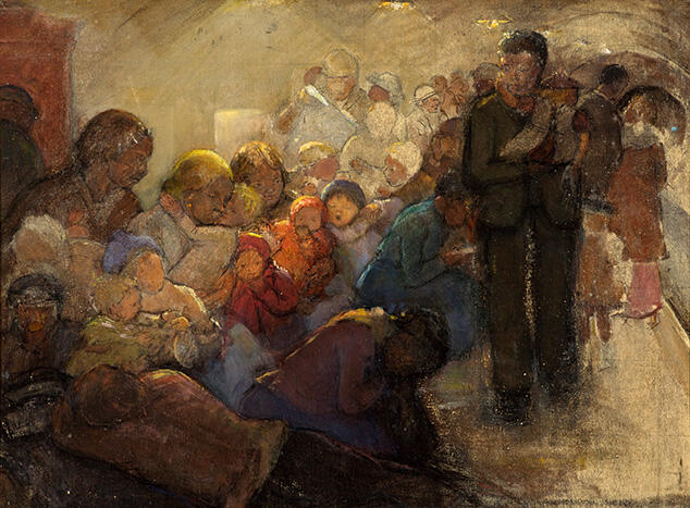 Painting of men, women, and children crowded together.