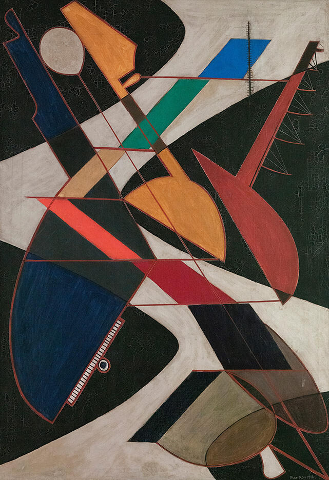 Abstract painting of adjoining shapes that resemble a grand piano, musical staff, and string instruments.