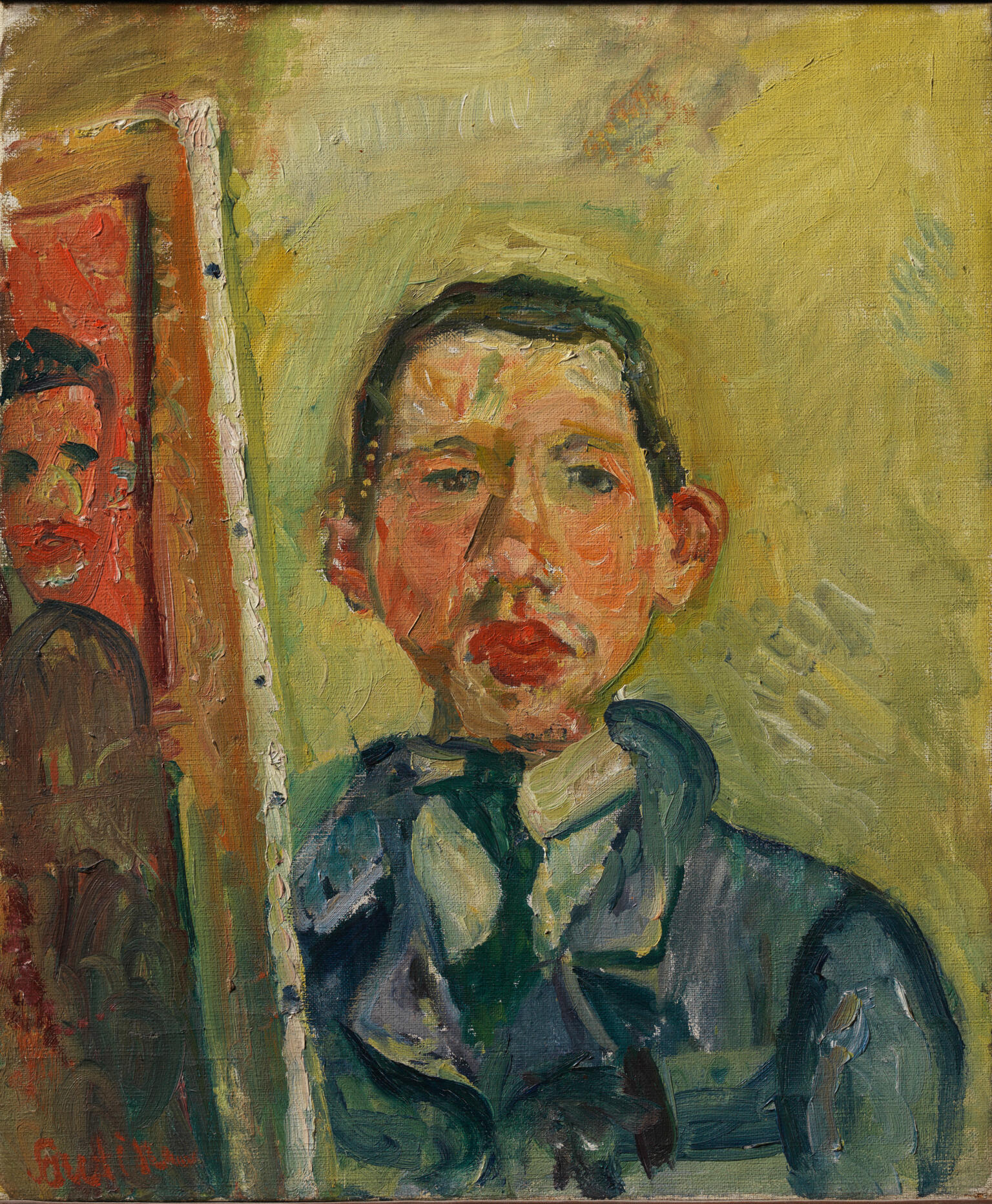 Portrait painting of man facing viewer in tie and collar next to painting of himself.