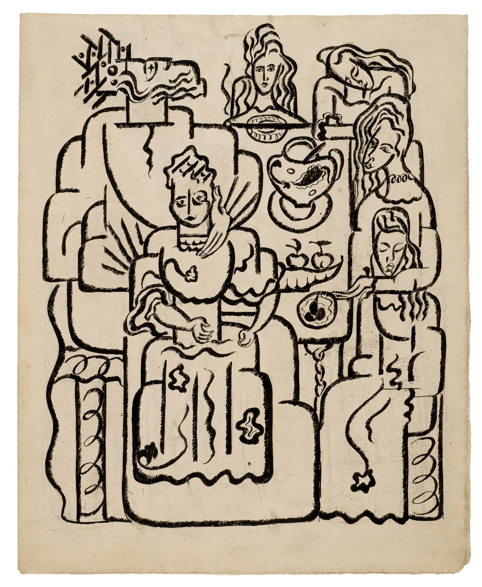 Drawing of women sitting around table with food.