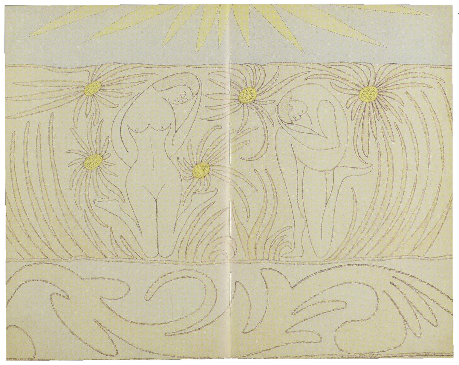 Drawing with line down center separating two nude figures among flowers.