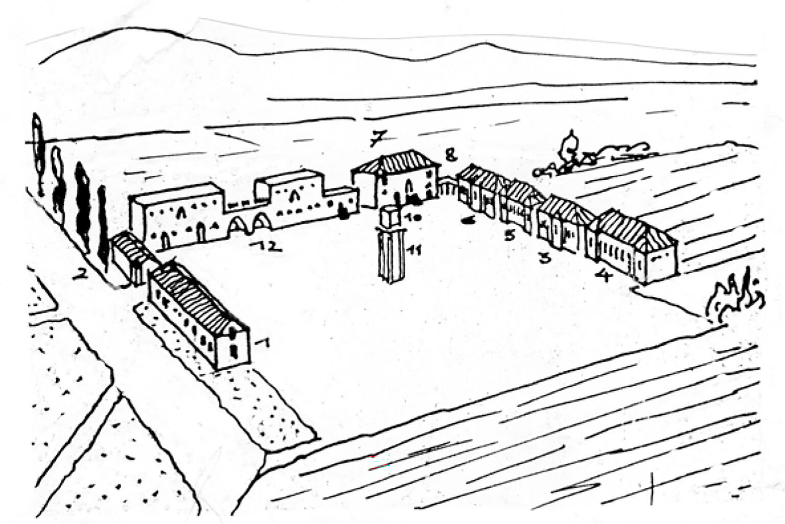 Illustration of open square surrounded by buildings and fields.