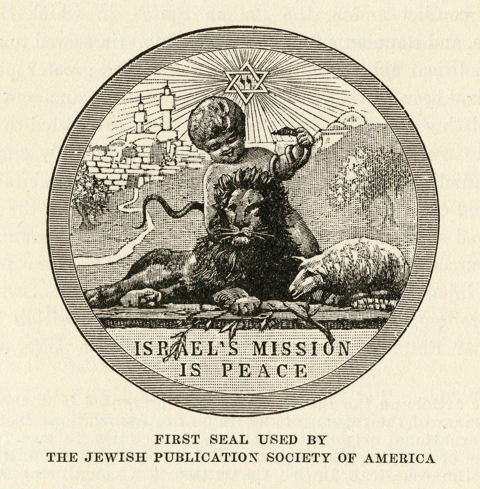Drawing of a round seal with lion, lamb, child, snake, and Star of David which reads in English, "Israel's Mission is Peace."