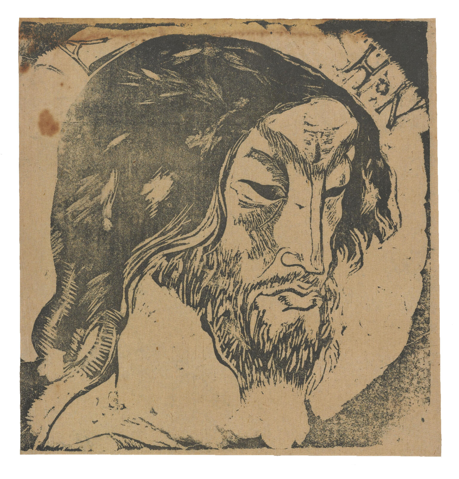 Linocut of man in profile with short beard, long hair, stern expression and downward gaze angled to his left.