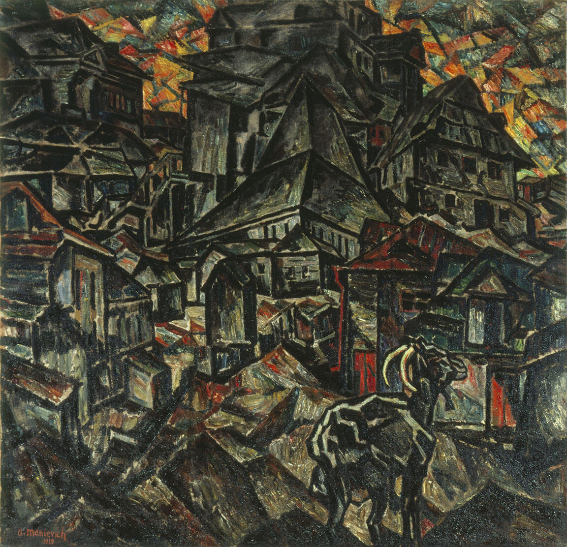 Angular painting of cityscapes with many buildings, empty streets, and goat in the foreground. Angular painting of cityscapes with many buildings, empty streets, and goat in the foreground.