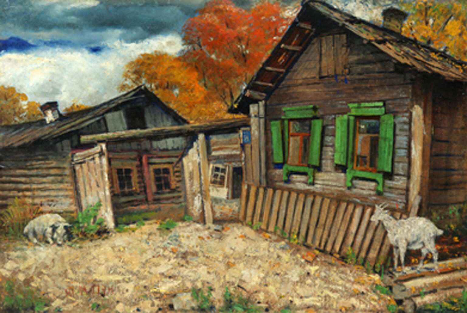 Painting of wood house with goat and pig in yard.