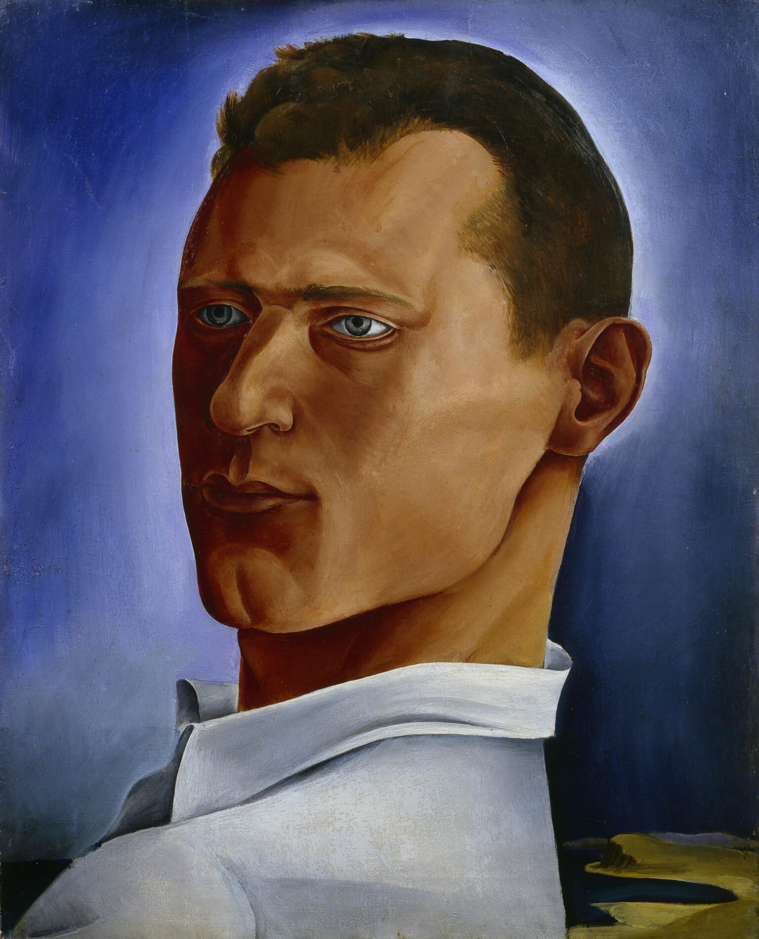 Portrait painting of a man dressed in a collared shirt looking to his right.