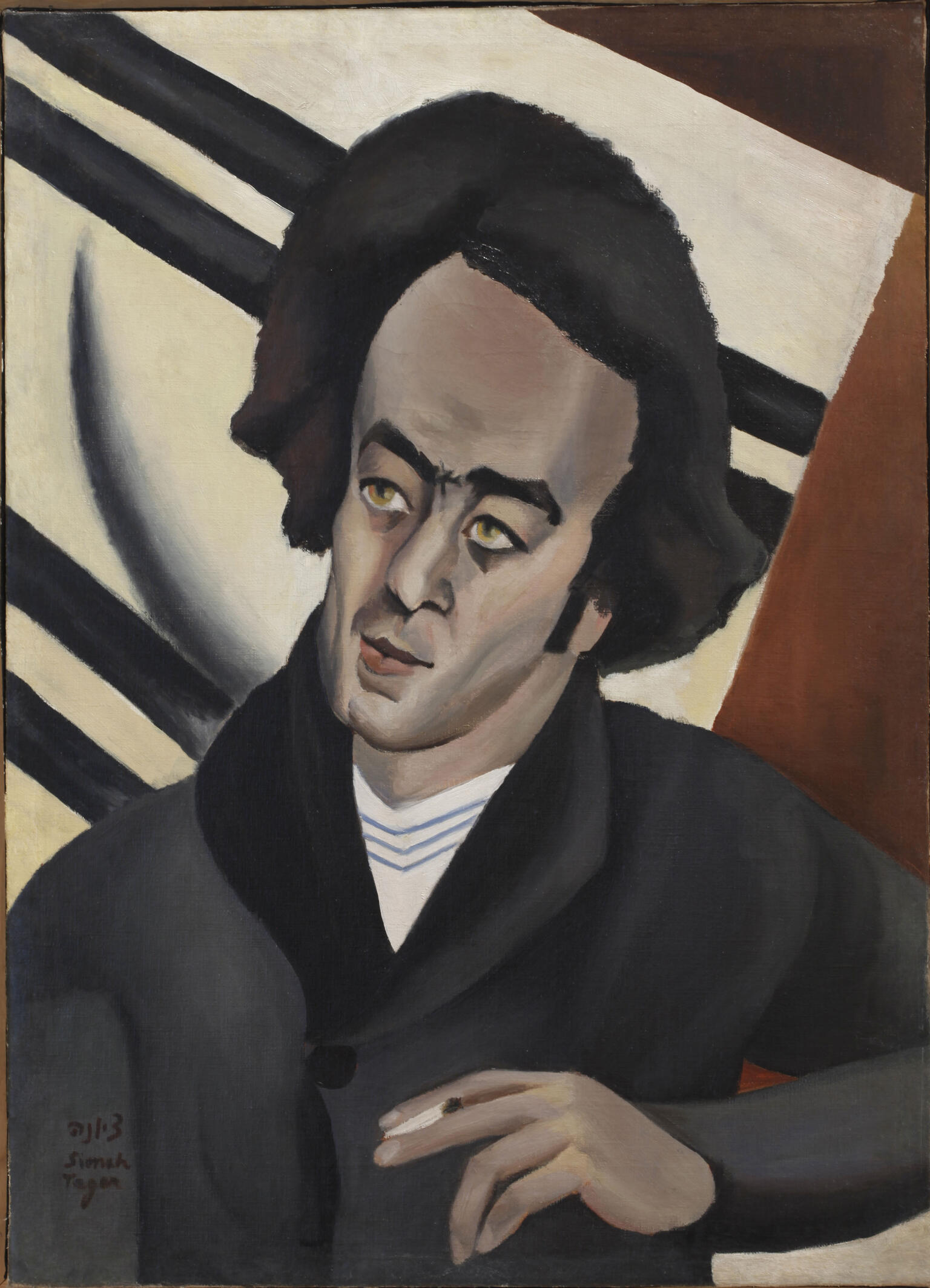 Portrait painting of man holding cigarette.