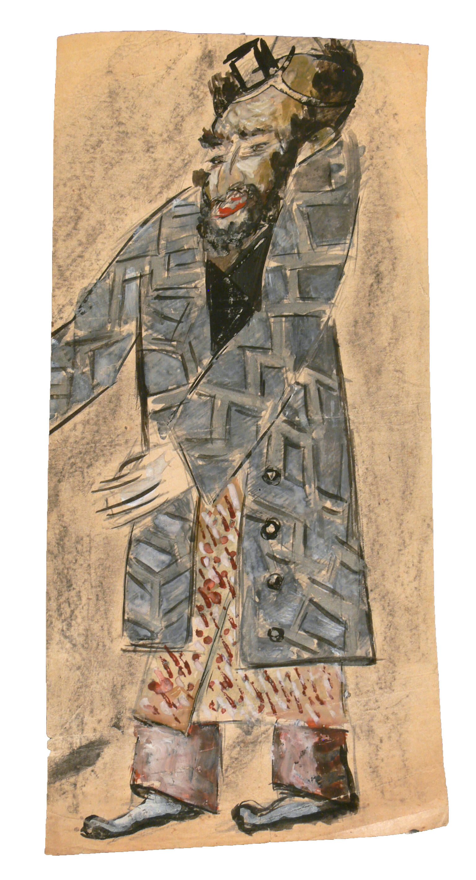 Painting and drawing of bearded man wearing a hat, checkered jacket, and skirt-like garment around legs.