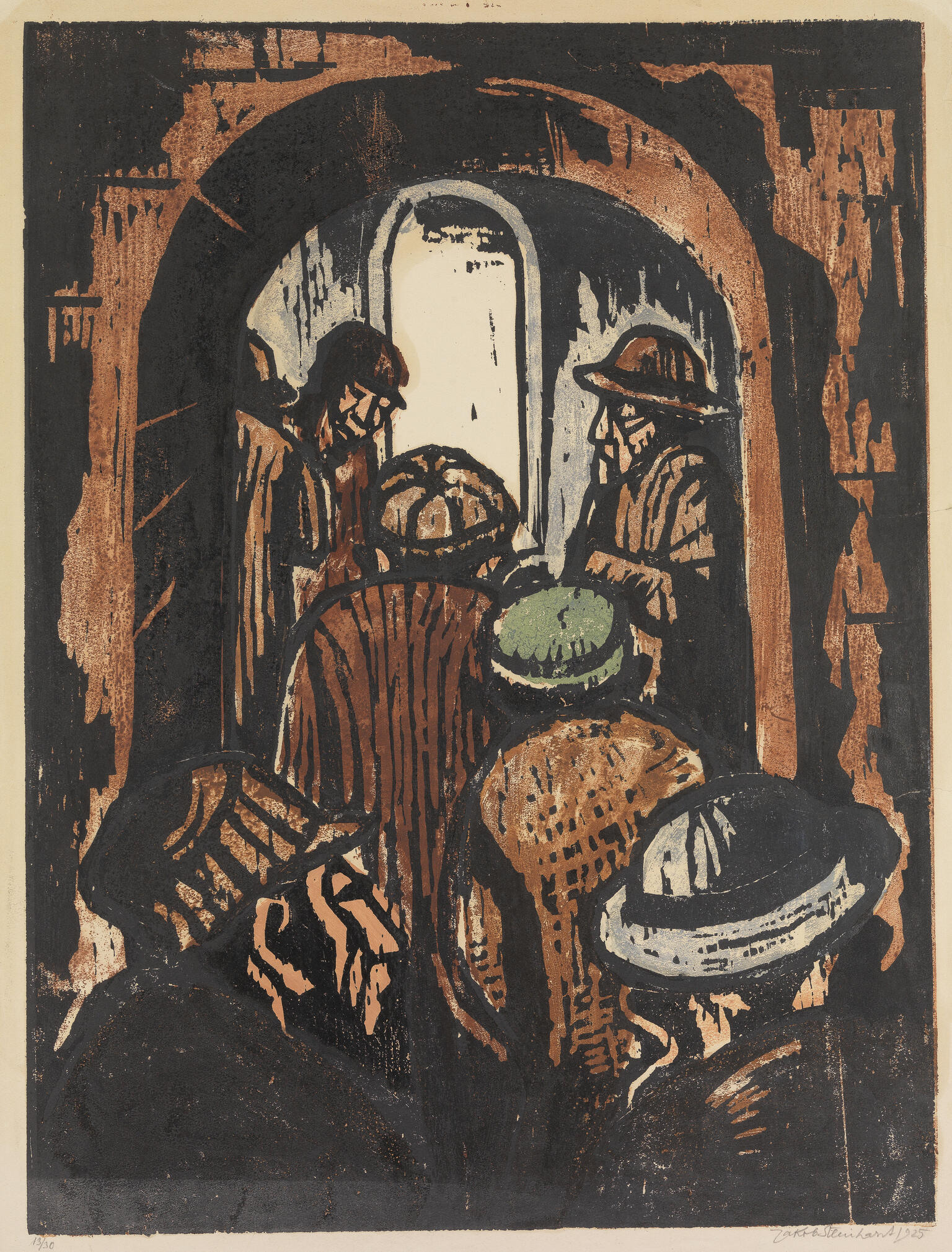 Woodcut of men in coats and hats huddled together in an alley. Woodcut of men in coats and hats huddled together in an alley.