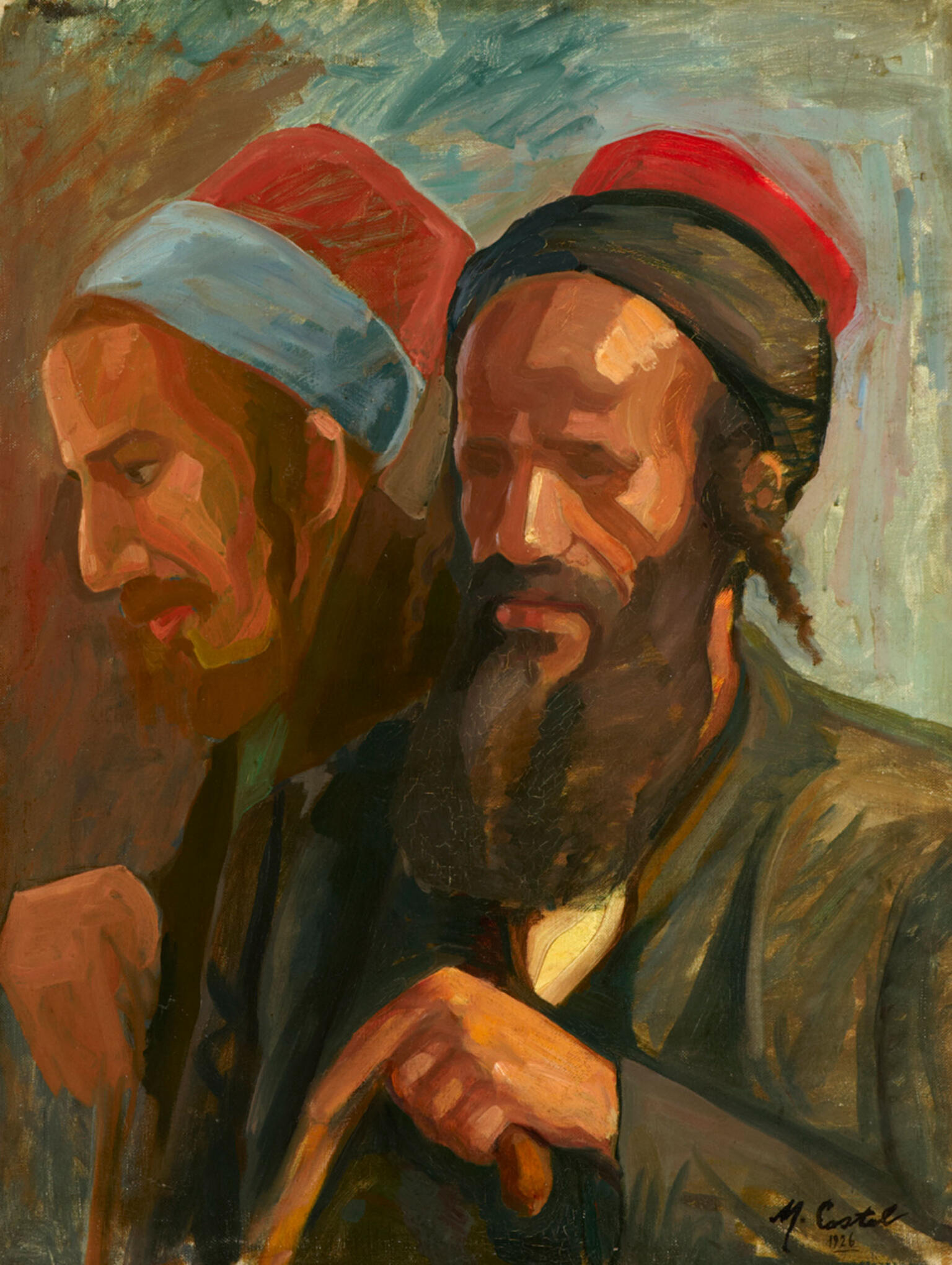 Painting of two bearded men in hats standing next to each other.