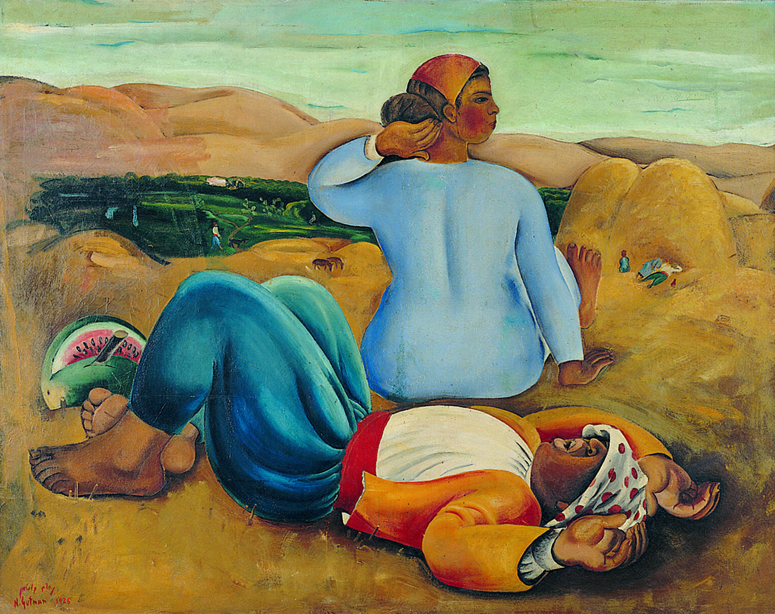 Painting of man laying on ground with watermelon at his feet and woman facing away from viewer towards hills in the background. Painting of man laying on ground with watermelon at his feet and woman facing away from viewer towards hills in the background.