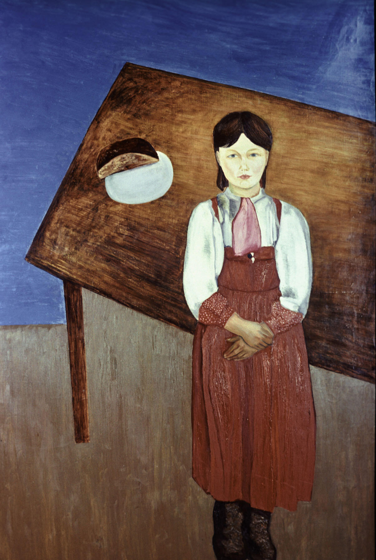 Painting of girl standing in front of slanted table with scrap of black bread.