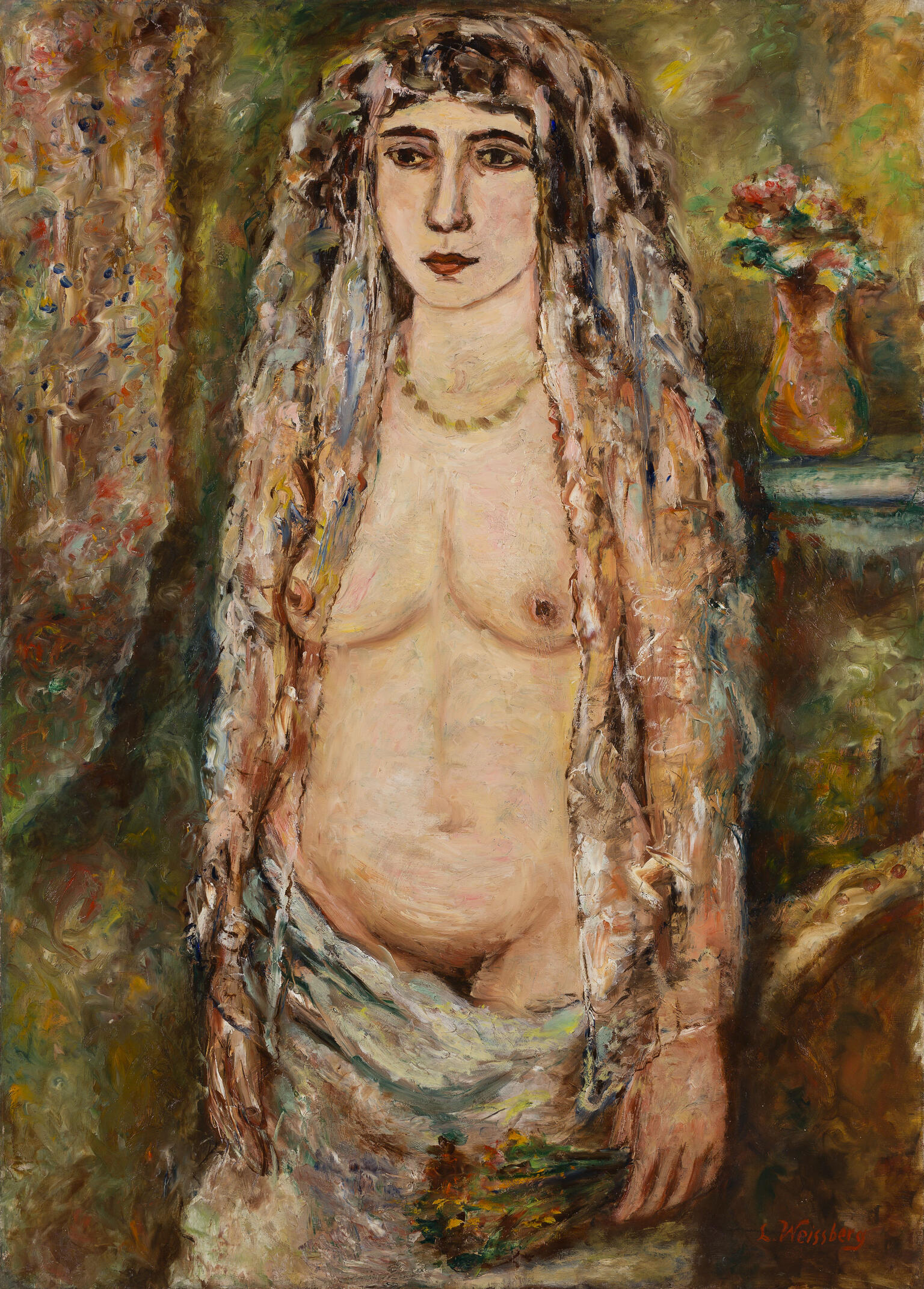 Painting of standing nude woman with long veil.