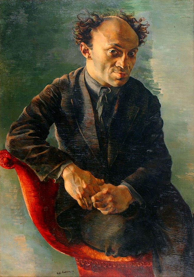 Painting of man sitting sideways in chair facing viewer with hands interlocked. Painting of man sitting sideways in chair facing viewer with hands interlocked.