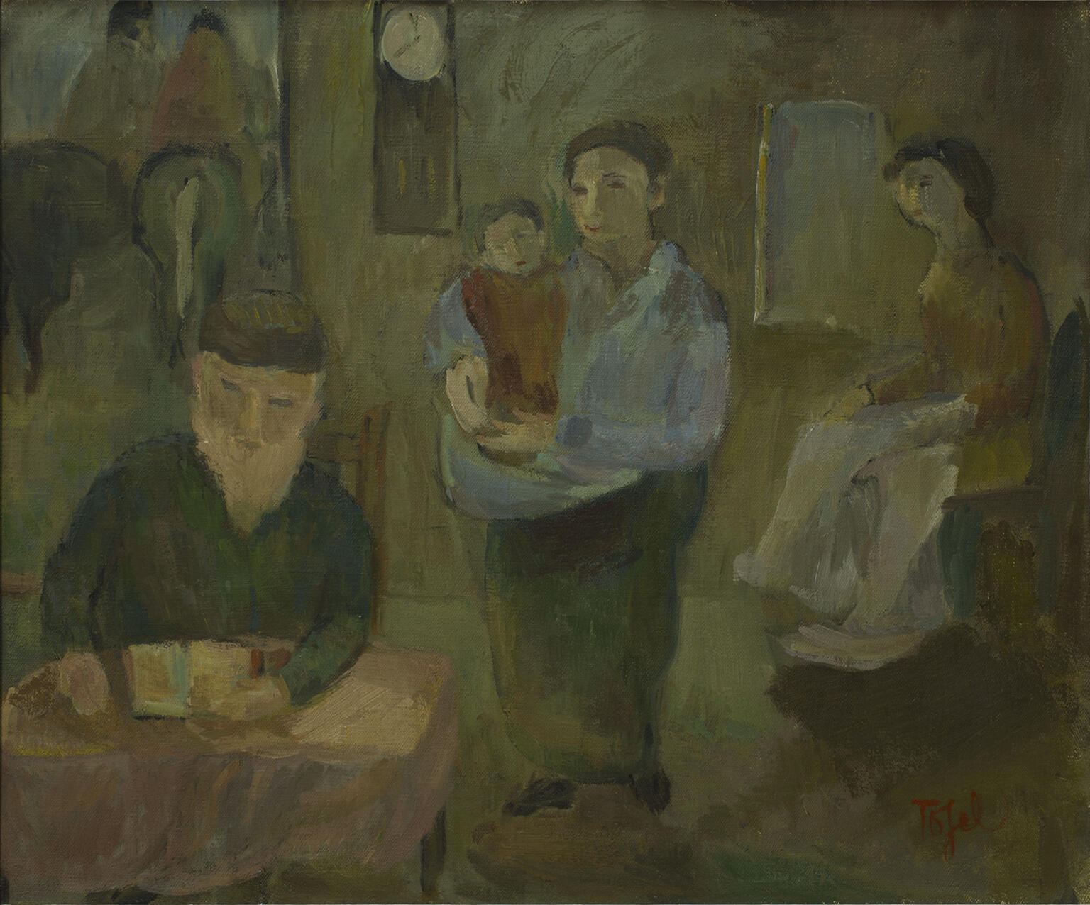 Painting of bearded man sitting at desk, woman standing holding baby behind him, and figure sitting to the side. 