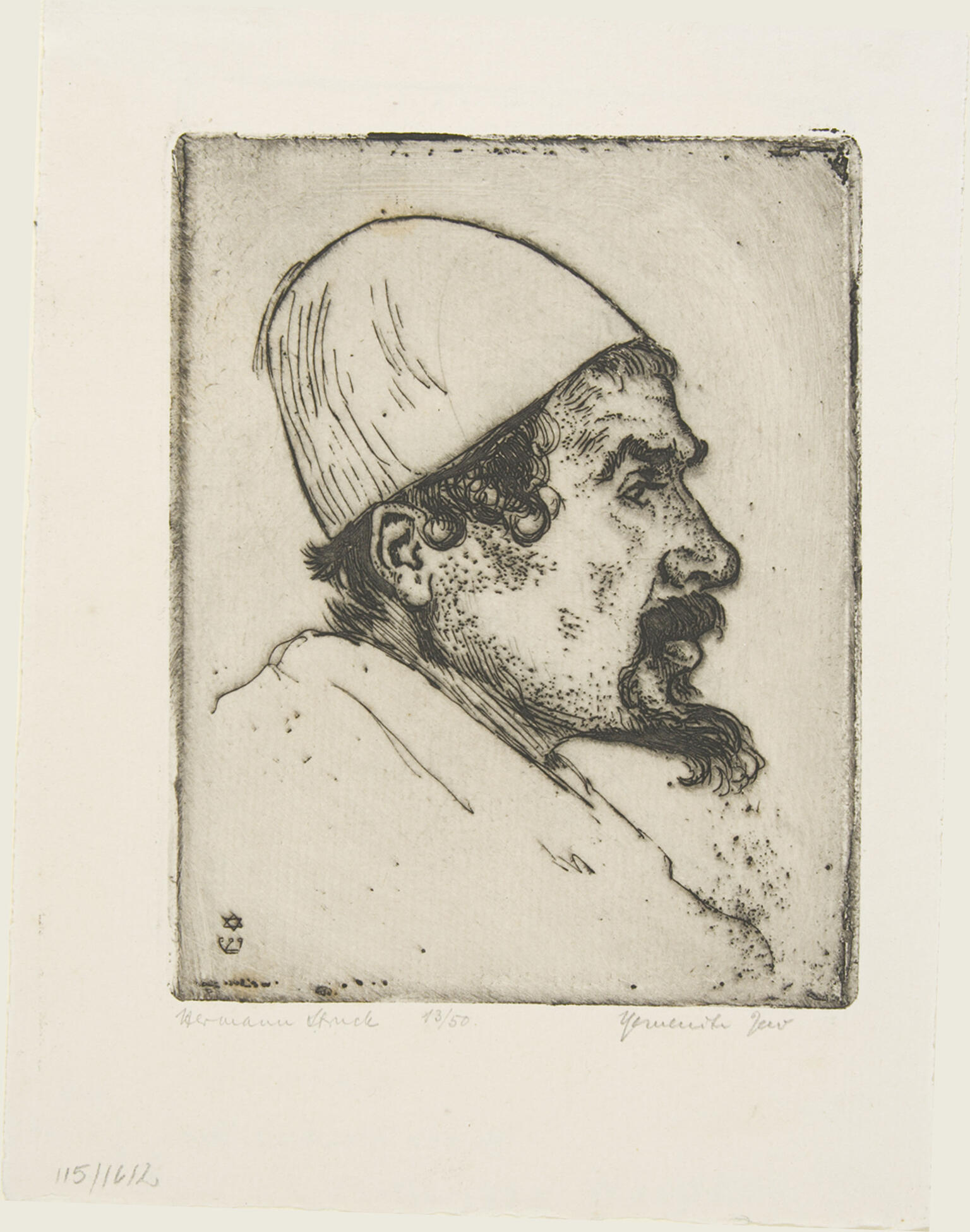 Etching of man with beard wearing a hat in profile. Etching of man with beard wearing a hat in profile.