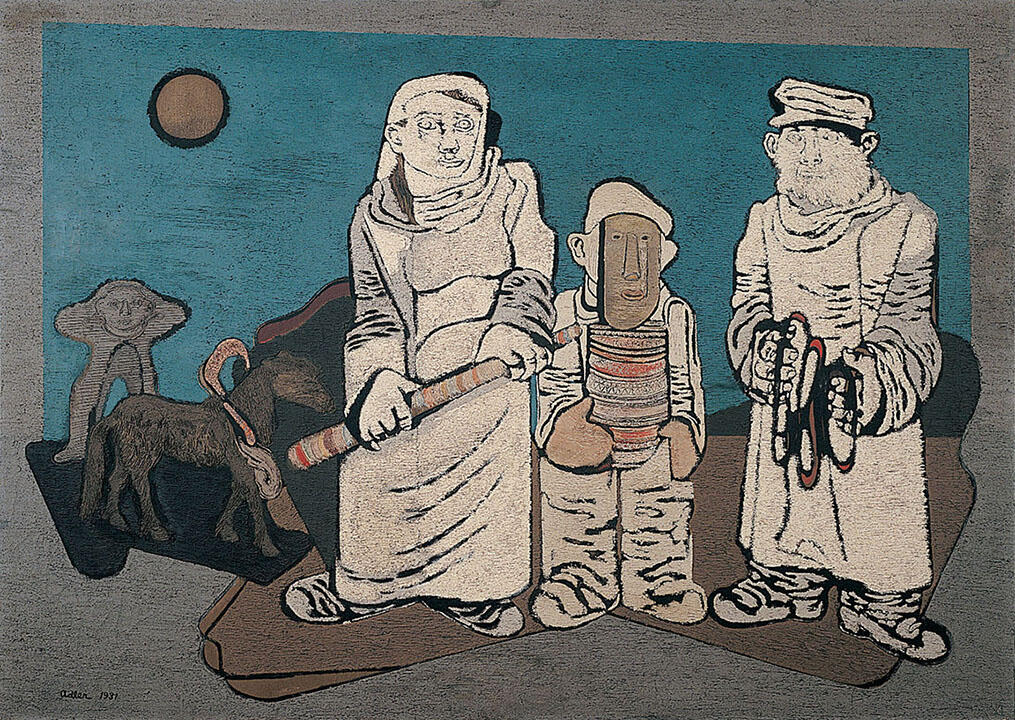 Painting of three figures holding objects with horse, Egyptian sphinx and moon in background.