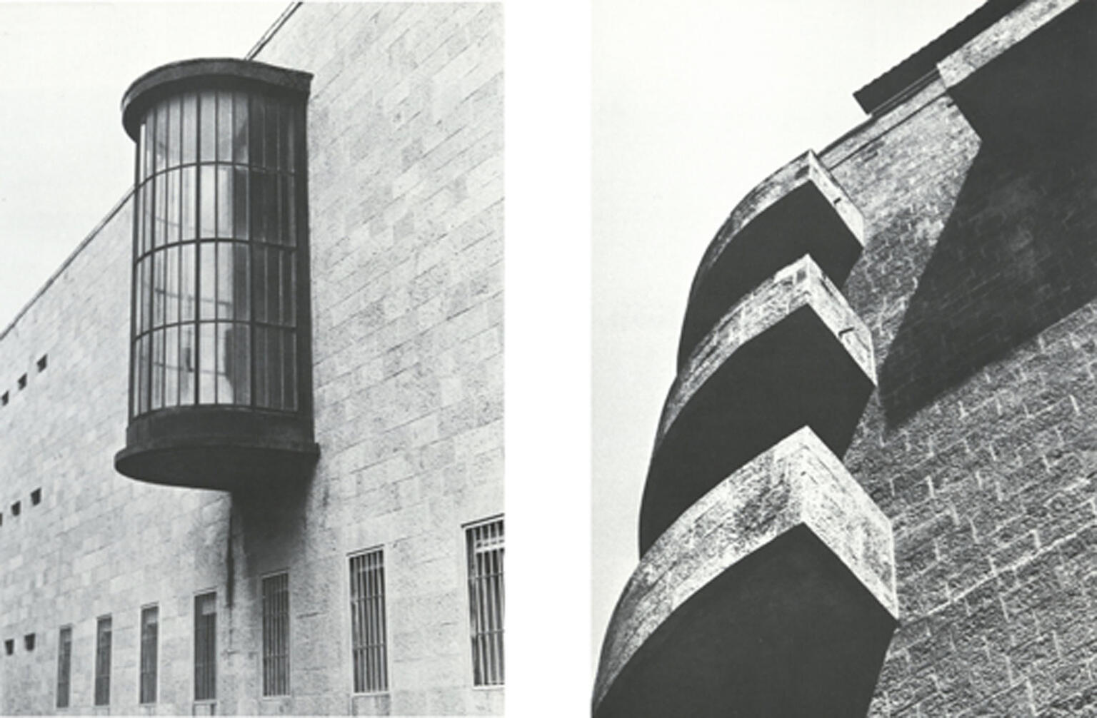 Photograph of building with stone wall and cylindrical window; photograph of stone wall building exterior with triangular balconies. 